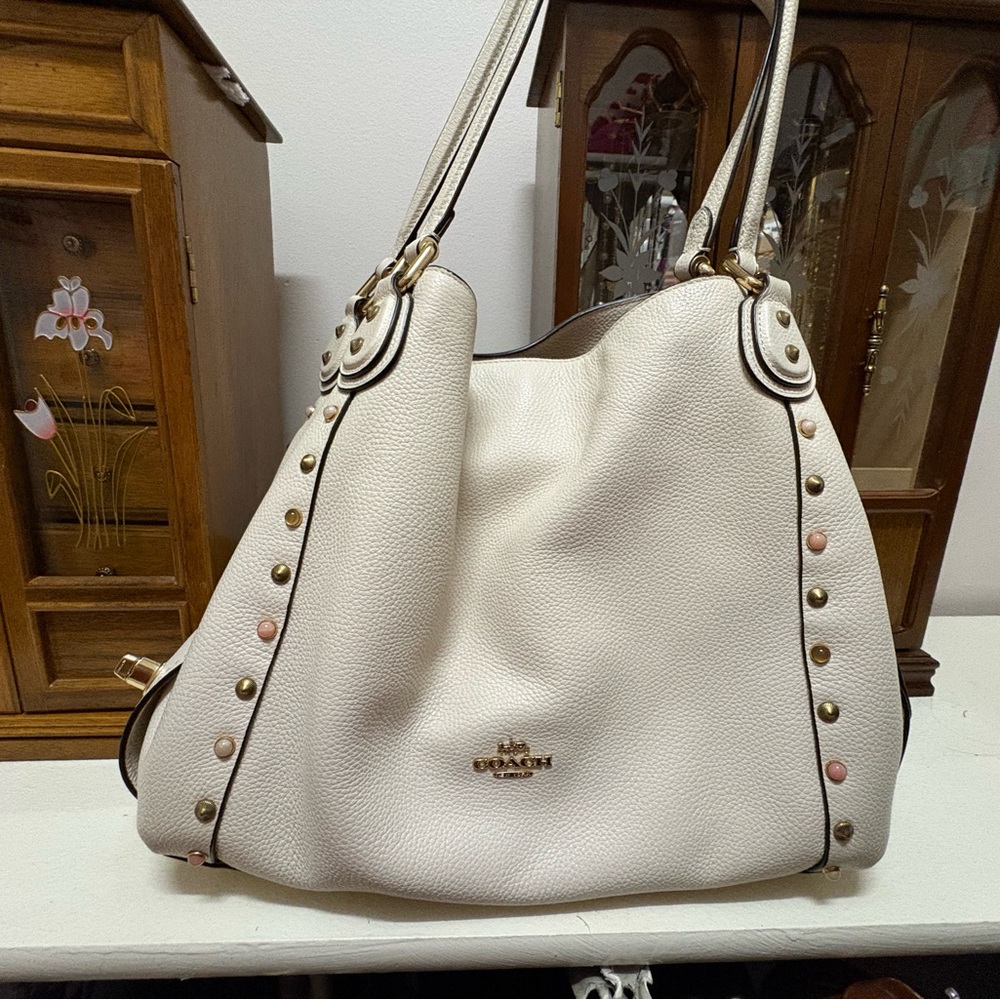 Coach Cream Pebbled Leather Shoulder Tote with Stud Accents - Picture 5 of 8
